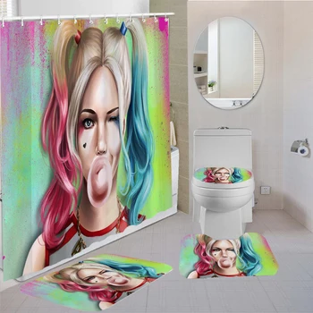 

4 Piece Anime Harley Quinn Bathroom Set Free Hooks 3D Print Shower Curtain Toilet Lid Cover and Bath Rug Mats Bath Shower Set