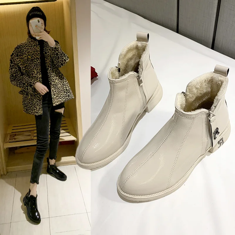 

Beige Short Boots Women's 2019 New Style Winter plus Velvet Autumn Martin Boots Versatile Online Celebrity Boots Chunky Heel Thi