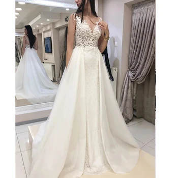 

Lurxy Wedding Dresses 2020 Lace V-neck Satin Lace Long Floor Length Custom Size Bridal Gown Bride Dress vestido de noiva