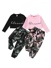 

Infant Kids Baby Girl Casual Two-piece Clothes Set, Round Collar Pullover and Camouflage Printed Pattern Pants, Black/ Pink 1-6T