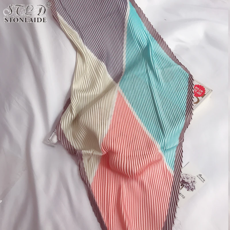 NEW Designer Pleated Square Imitated Silk Scarf For Women Floral Classy Chic Ladies Scarves Travel Neck Scarf Kerchief Bandana 2