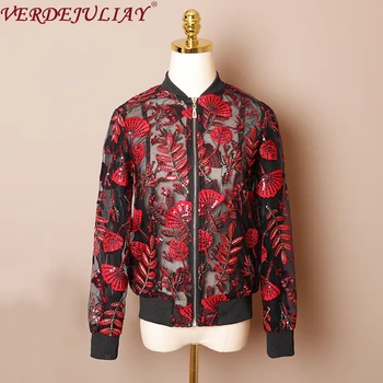

VERDEJULIAY 2020 Spring New Item Runway Design Casual Floral Jacket Women Luxury Leaves Sequined Appliques Transparent Mesh Coat