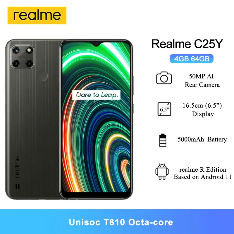 

Смартфон Realme C25Y, 6,5 дюйма, Восьмиядерный процессор Unisoc T610, тройная камера 50 МП, аккумулятор 5000 мАч, ОЗУ 4 Гб, ПЗУ 64 ГБ