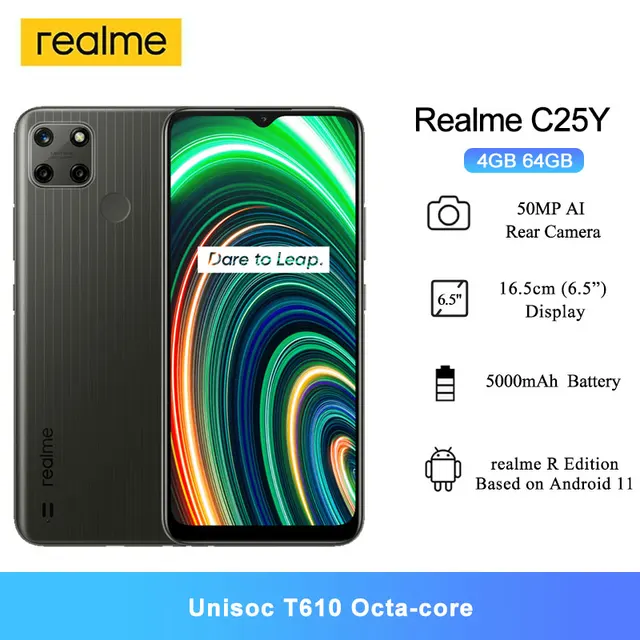 New Realme C25Y Global Version Smartphones 6.5" Unisoc T610 Octa-core 50MP Al Triple Cameras 5000mAh Cellphone 4GB RAM 64GB ROM 1