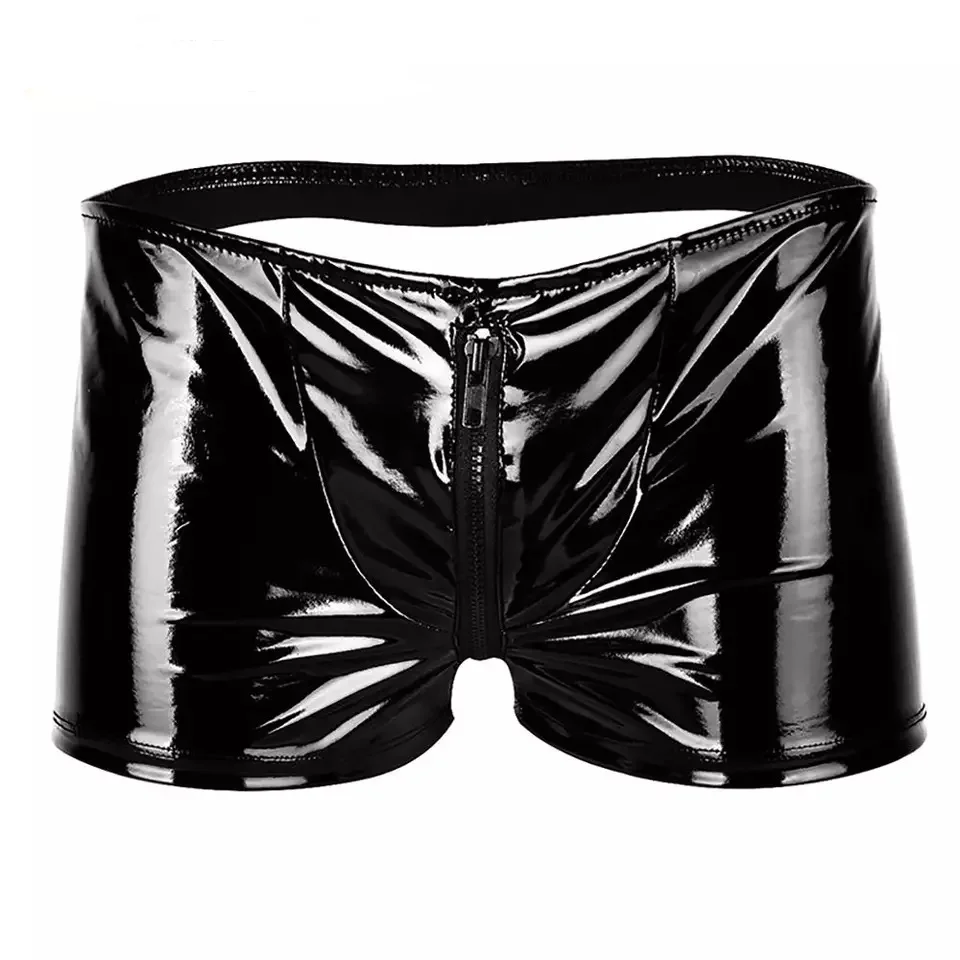 Mens Sexy Open Crotch Leather Short Pants For Sex Zipper Crotchless Shiny Patent Leather Fetish Boxer Erotic Pants men underwear
