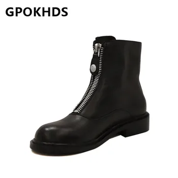 

GPOKHDS 2021 women Ankle boots Cow leather Winter short plush Round Toe Metal Decoration Med heels female Riding boots size 40