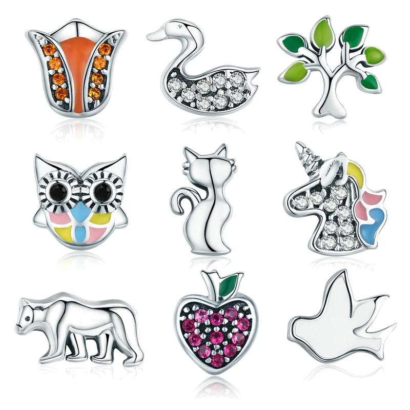 BISAER authentique 925 argent Sterling arbre à chat Licorne éléphant Petites perles ajustement flottant médaillon boîte à mémoire collier GXF101