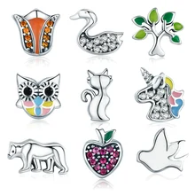 BISAER authentique 925 argent Sterling arbre à chat Licorne éléphant Petites perles ajustement flottant médaillon boîte à mémoire collier GXF101