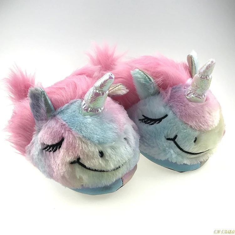 

2019 New Cute Colorful Unicorn Cotton Plush Flat Shoes Women Home Floor Rainbow Unicorn Slippers Zapatos De Mujer