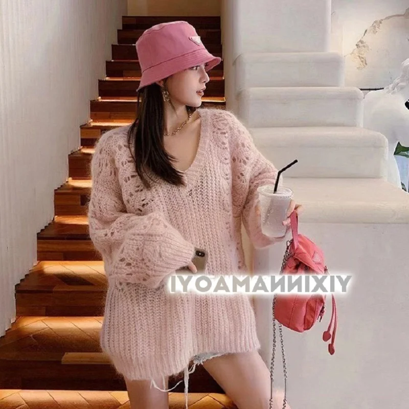 

Women's Pink Sexy V-neck Mohair Hollow Oversized Knitted Long Sleeve Pullover Sweater Fall Korean Yellow Long Harajuku Sweater
