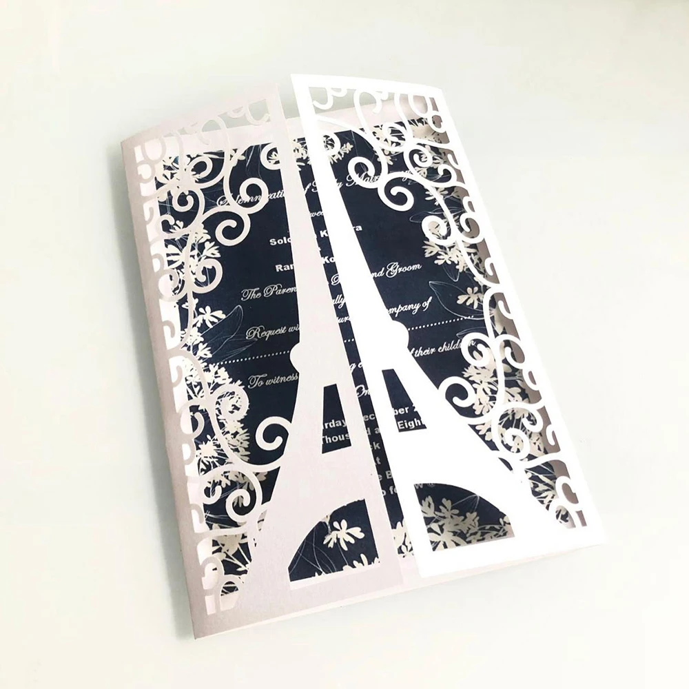  10pcs/set Glitter Embossing Invitation Cards 15*15CM For Wedding Business Party Paris Tower Greetin - 4000302444830