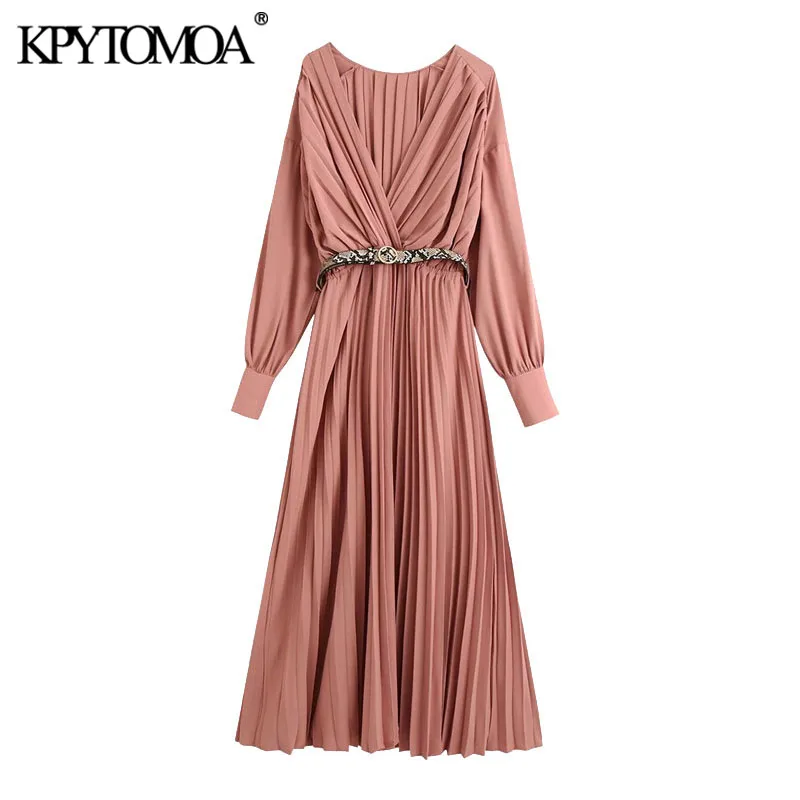 KPYTOMOA Women 2020 Chic Fashion With Belt Pleated Midi Dress Vintage V Neck Long Sleeve Female Dresses Vestidos Mujer KPYTOMOA Women 2020 Chic Fashion With Belt Pleated Midi Dress Vintage V Neck Long Sleeve Female Dresses Vestidos Mujer