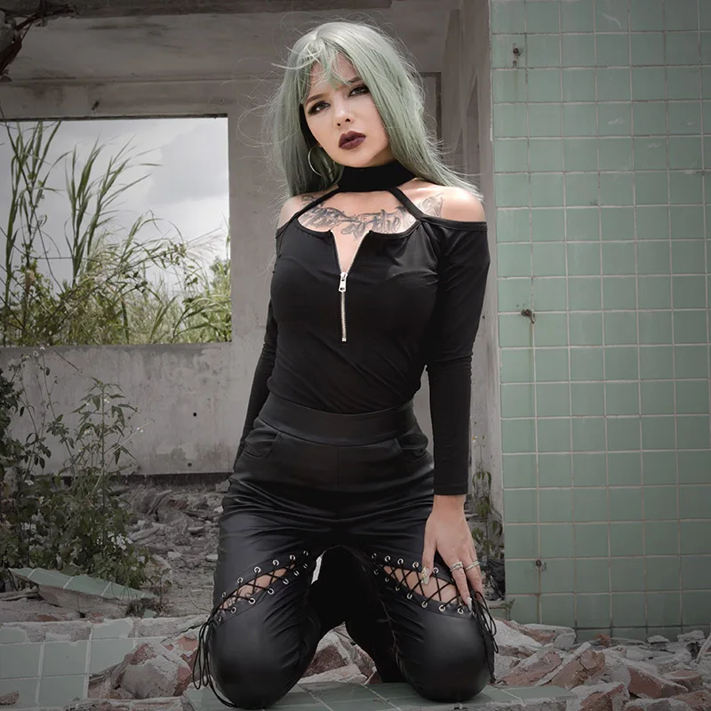 Женская облегающая футболка Goth панк черная с о-вырезом и длинным рукавом вырезом