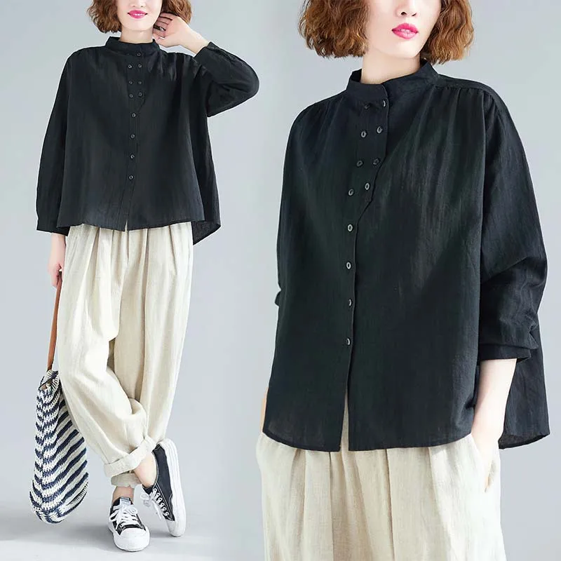 

2020 Spring Clothing New Style Korean-style Literature And Art Cotton Linen Long-sleeved Shirt Fat Mm Slimming Comfortable Stand
