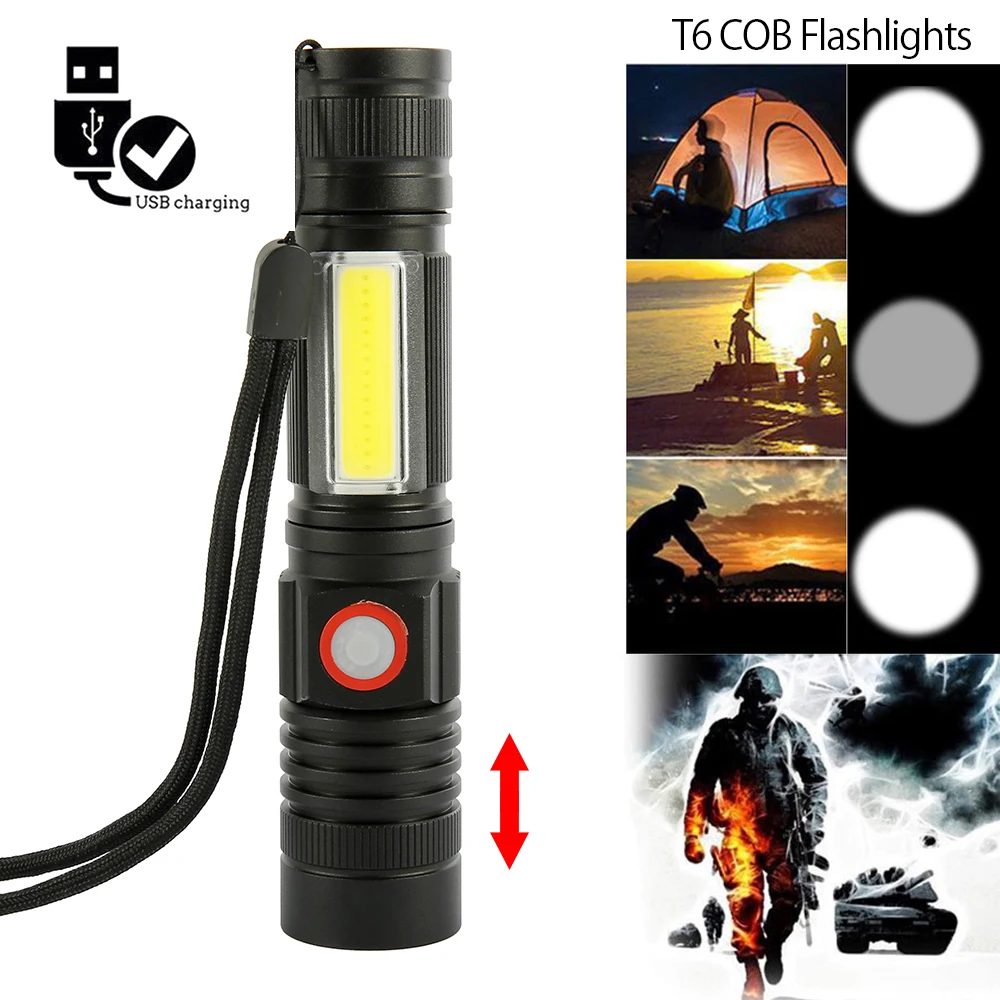 T6 COB Side Light Flashlight Telescopic Zoom Waterproof LED Work Light Portable Light Multifunctional LED Flashlight