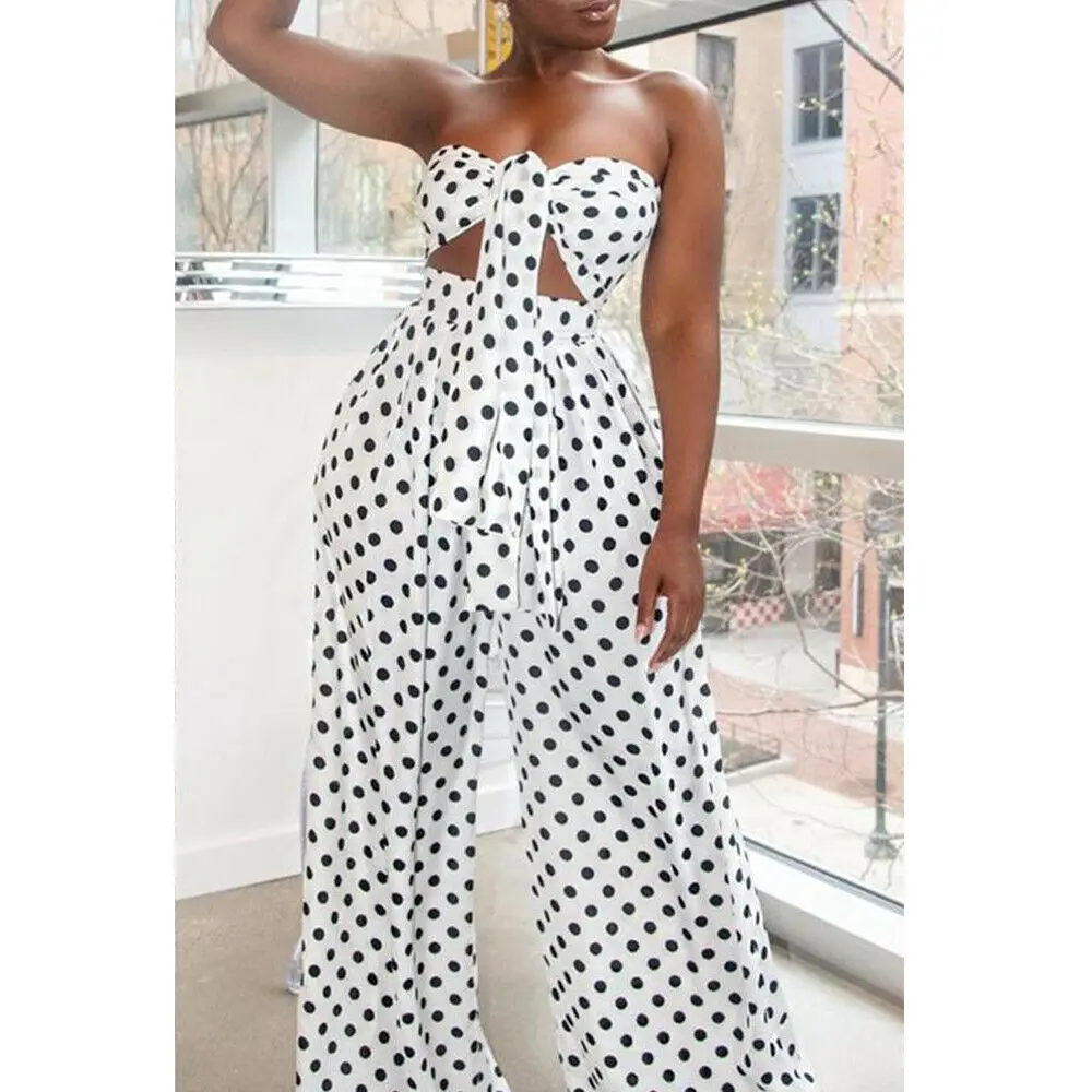 

Polka Dots Leopard Print Two Pieces Sets Women Summer Front Tie Strapless Crop Top Long Wide Leg Pants 2 Pcs Beach Club Outfit