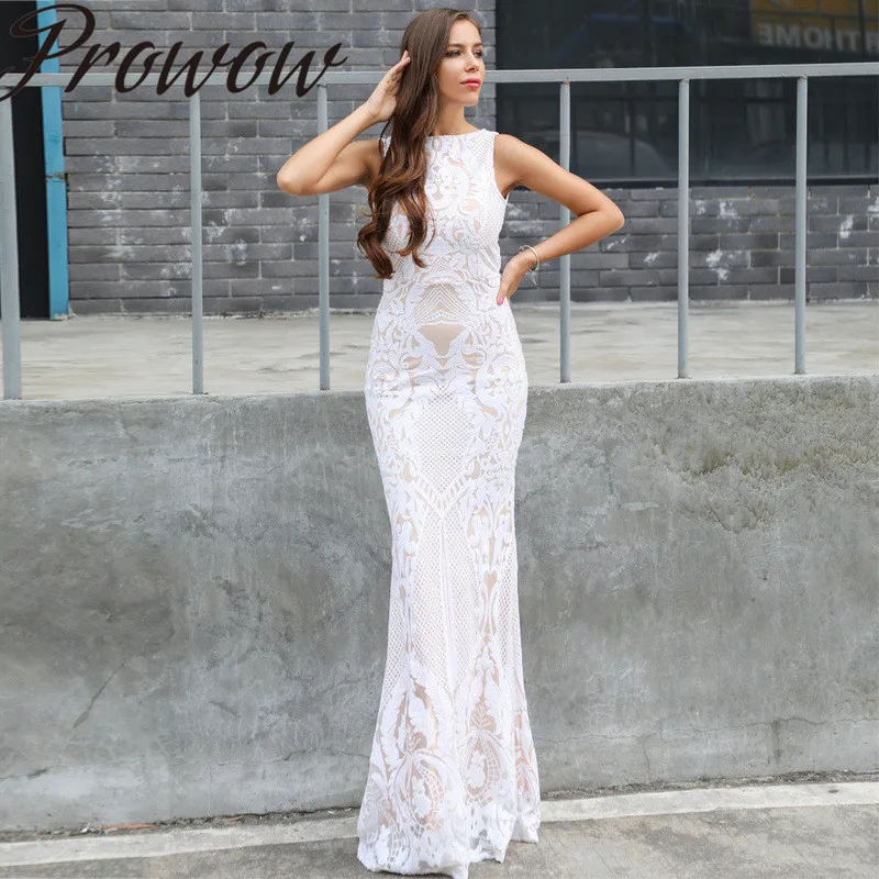 

Prowow New Elegant Sexy Sleeveless Long Dress Backless Sheath Formal Ladies Women Dress