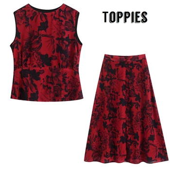 

2020 Summer Two Piece Set Women Vacation Set Red Flowers Printing Tops High Waist Midi Skirts Beach Sleeveless Tank