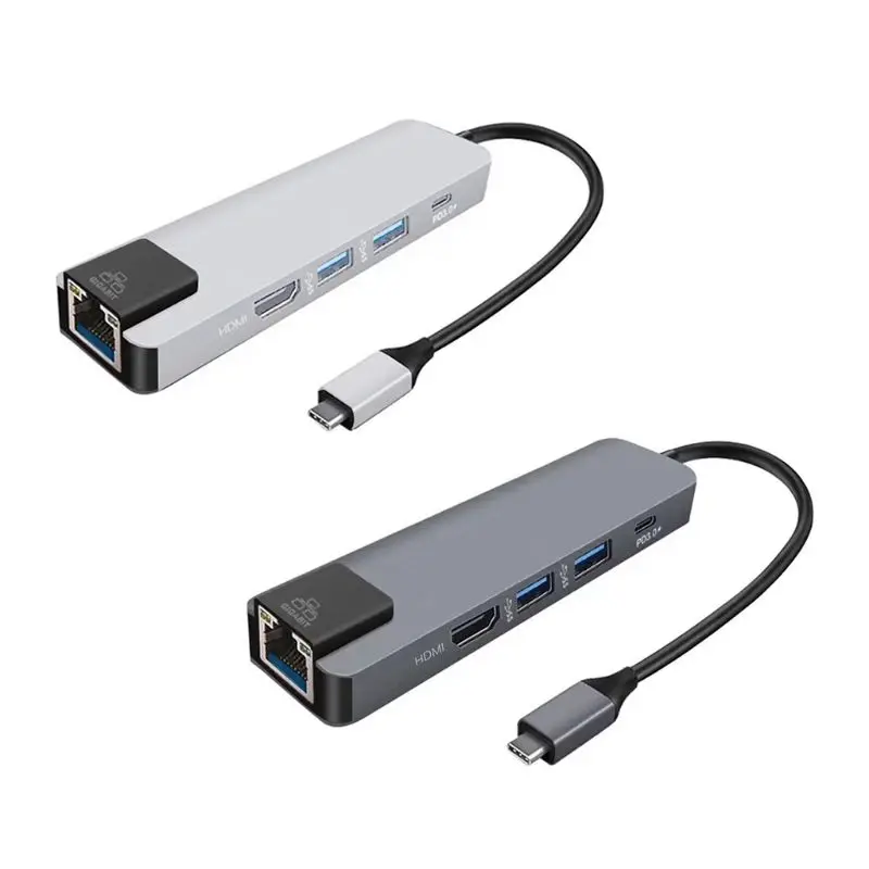 

5 In 1 USB Type C Hub HDMI 4K USB C Hub to Gigabit Ethernet Rj45 Lan Adapter for MacBook Pro USB-C Charger Converter