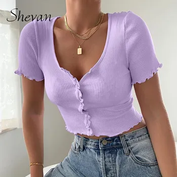 

Shevan Crop Top Ribbed Sexy Summer Women Short Sleeve 2020 O Neck Korean Style Button Up Tank Knitted Tops Women