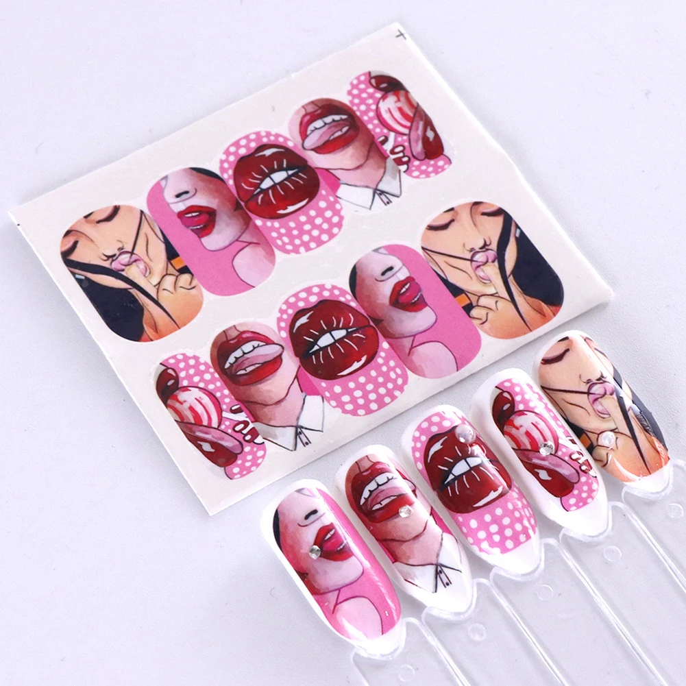 9 шт сексуальные губы шаблон ногтей наклейки Водные Наклейки Обертывания маникюрные украшения ногти искусство