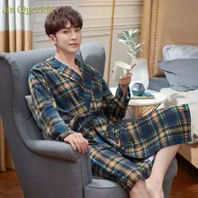 Мужской халат японский Мужская Ночная рубашка хлопок длинный рукав халат плюс размер элегантный плед Домашняя одежда Мужская s халат хлопок