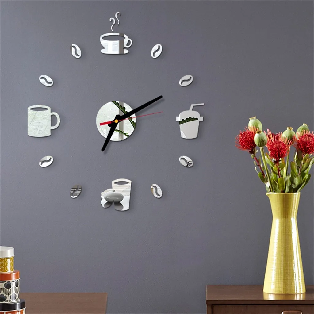 DIY Large Wall Clock Frameless Giant Clocks Mirror Sticker Modern Design Cafe Coffee Milk Drinking Cup Wall Decor For Kitchen