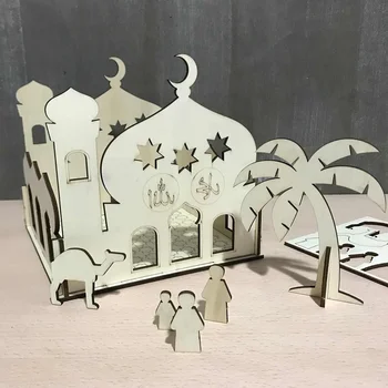 

DIY Self-Assembly Puzzle Wooden Building Model Kits DIY Islamic Muslim House Stand Rack Ramadan Gifts Party Decorations