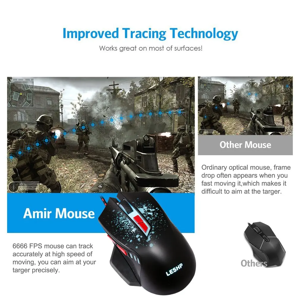 LESHP Проводная игровая мышь USB 3200 dpi оптическая игровая мышь для Pro Gamer с 6 кнопками 7 цветов светодиодный фонарь
