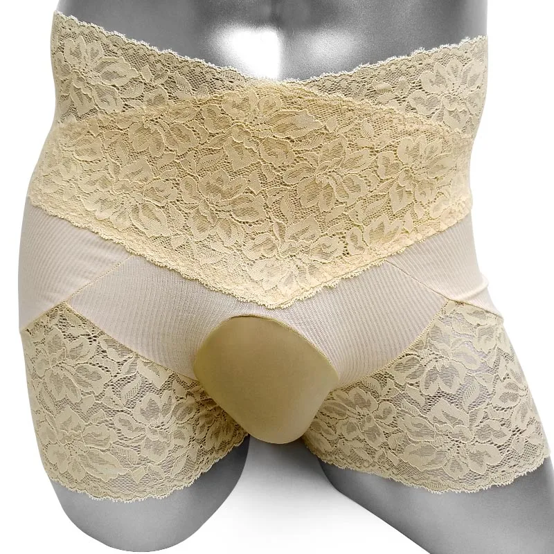Хаки High waist Lace Sissy Pouch Panties for Men Penis Pouch Boxers Underwear Shorts Novelty Sexy Lingerie Male Pouch Panties - Цвет: Хаки
