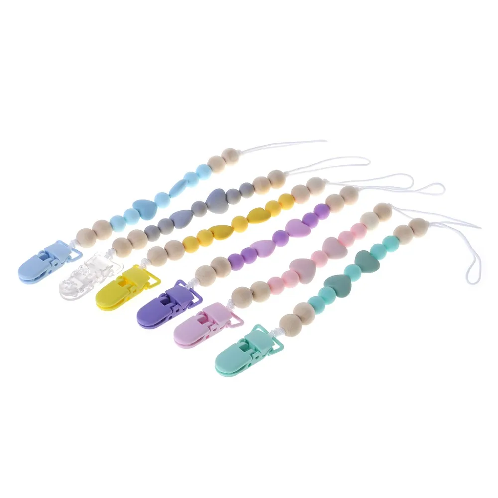 Baby Pacifier Clip BPA Free Silicone Teething Chain Newborn Nipple Teether Holder Chew Toys Soother Wood Dummy Heart Beads | Мать и