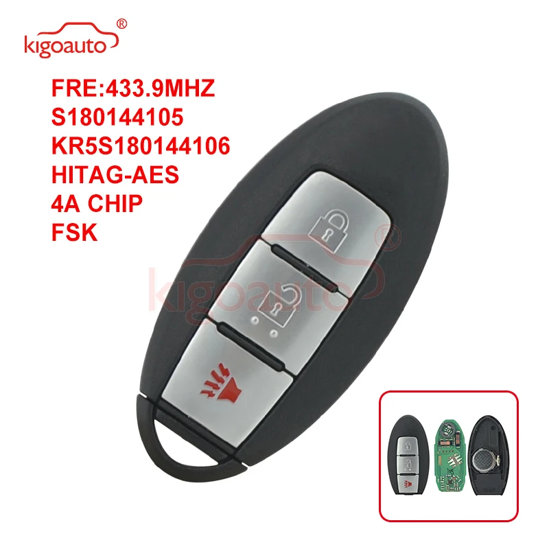 

KIGOAUTO S180144105 smart car key 3 button 433.9MHZ FSK HITAG-AES 4A CHIP for Nissan Rogue 2016 2017 2018 FCC KR5S180144106