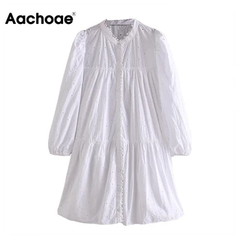 

Aachoae Women Embroidery Mini Dress Puff Long Sleeve Loose White Cotton Dress Female O Neck Casual Pleated Dress Sundress 2020