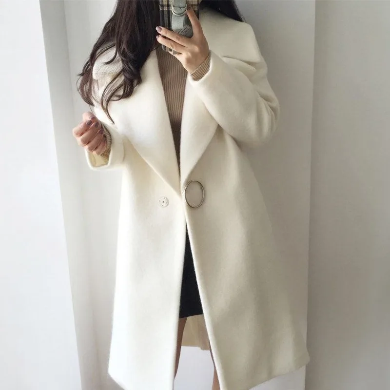 

White Wool Mixture Coat Woman Long Sleeve Winter Fashion Coat Delicate Wool Coat For 2019 Female Overcoat FZ796