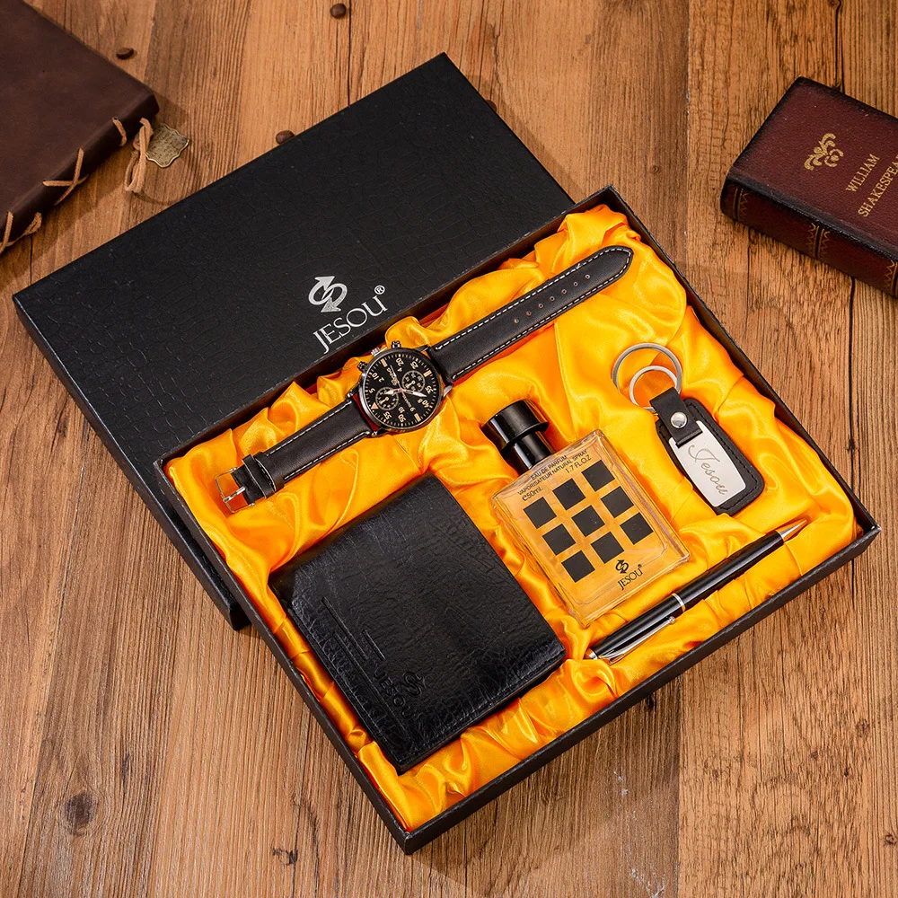 

5 Pieces Boutique Gift Set Wallet + Perfume + Keychain + Large Dial Quartz Watch + Pen