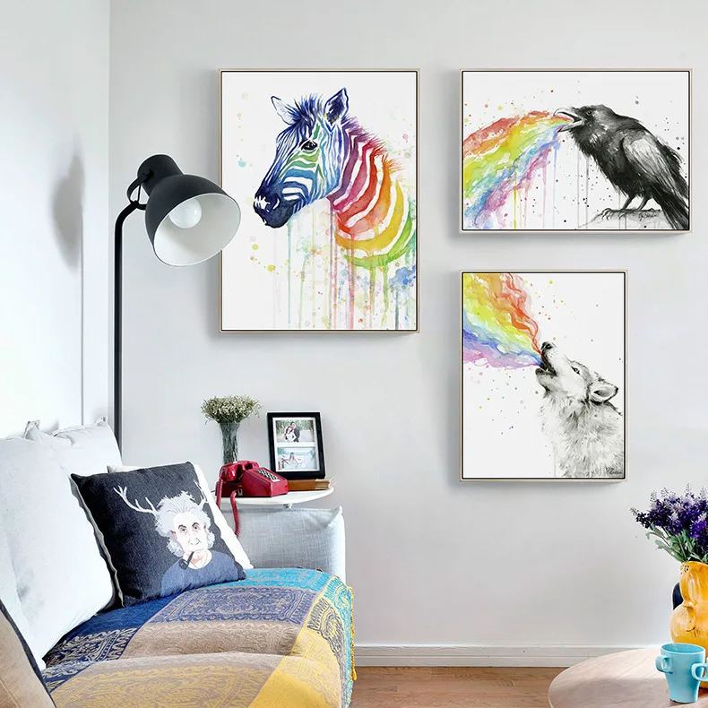 Cat Zebra Wolf  birds with Rainbow Animal Wall Art Canvas Painting Nordic Posters And Prints Wall Pictures For Living Room Decor