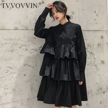 

TVVOVVIN 2020 Spring Summer New High Waist Stand Collar Single-breasted Folds Long-sleeved Fashion Ladies Shirt Dress QF41001