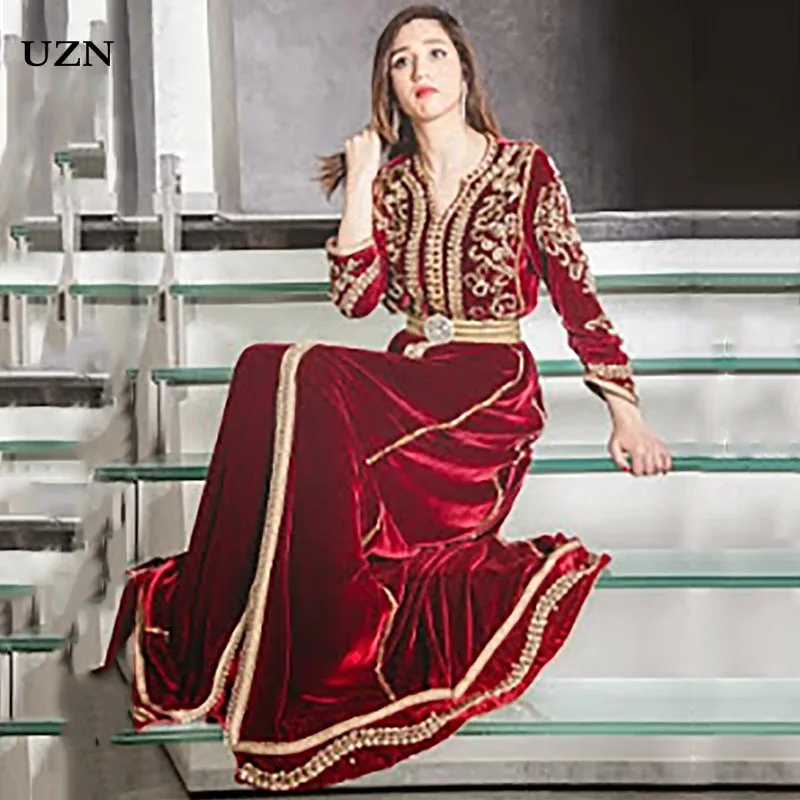 

UZN Morocco Caftan Evening Dresses V Neck Mermaid Prom Dress Velvet Long Sleeve Formal Evening Outfit Party Dress