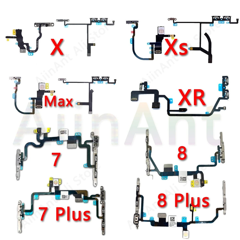 New High Quality Power Flex For iPhone X Xs Max XR 6 6s 7 8 Plus Mute Button Volume Power Flex Cable with Metal Repair Parts
