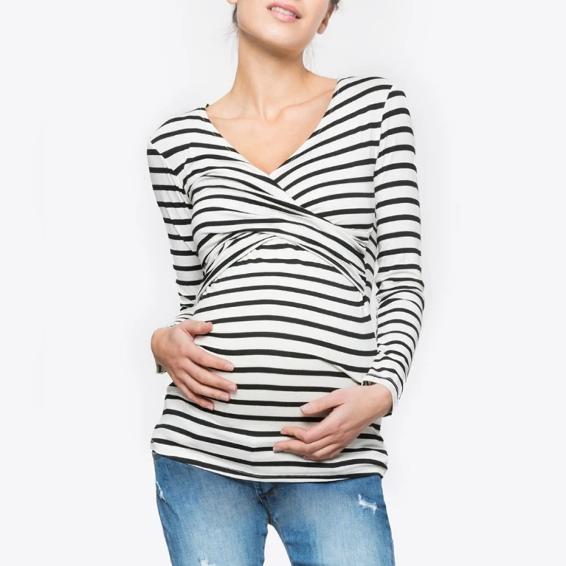 Хлопковая одежда для кормления, полосатая футболка с v-образным вырезом, одежда для кормления грудью, дышащие топы для кормящих мам
