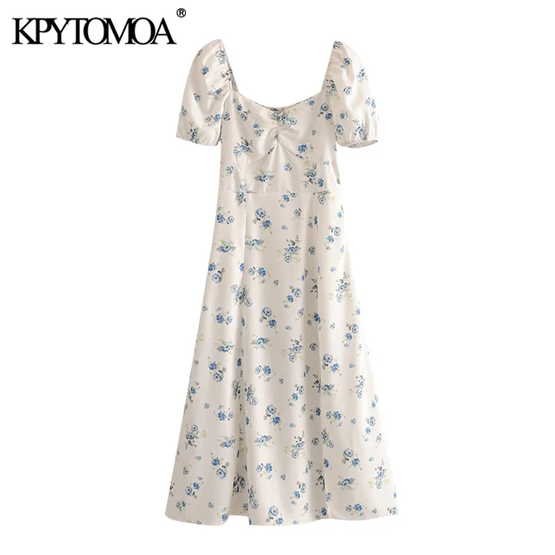 KPYTOMOA Women 2020 Chic Fashion Floral Print Slit Midi Dress Vintage Puff Sleeves With Lining Female Dresses Vestidos Mujer KPYTOMOA Women 2020 Chic Fashion Floral Print Slit Midi Dress Vintage Puff Sleeves With Lining Female Dresses Vestidos Mujer