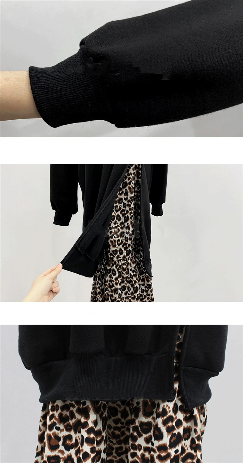Hf0733f11c1244f5d991ea748b81ac0ae4 - Spring / Autumn O-Neck Long Sleeves Hooded Fake Two-Piece Leopard Print Midi Dress