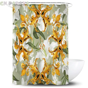 

Tropical retro flower macrame Bath Curtains Waterproof Polyester Fabric green Shower Curtains Screen with Hooks Accessories