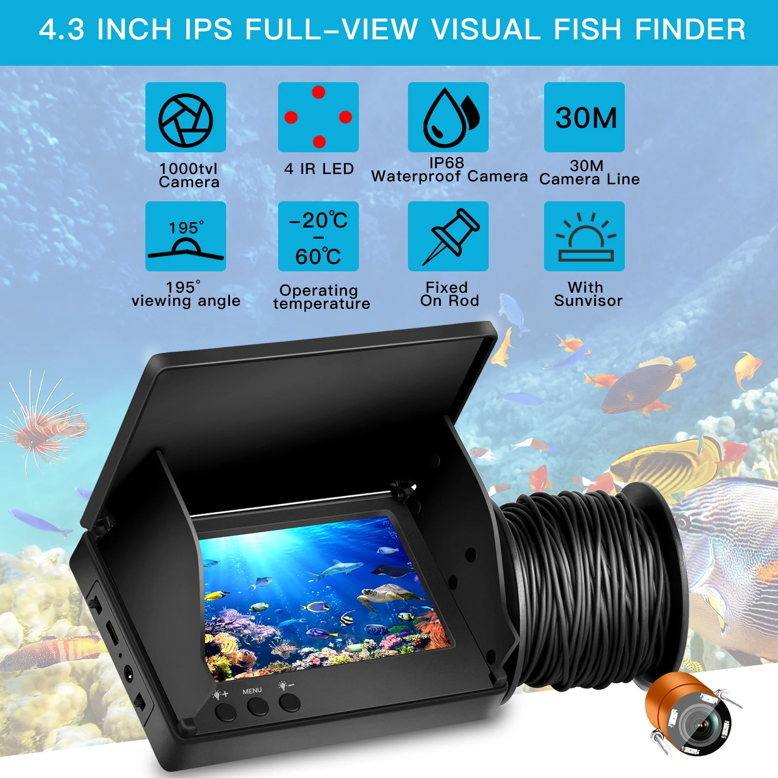 4.3 Inch Underwater Video Fish Finder Fishing Camera 30M 1000TVL 195° HD Wide-Angle Infrared Night Vision For Ice/Sea fishing | Спорт и
