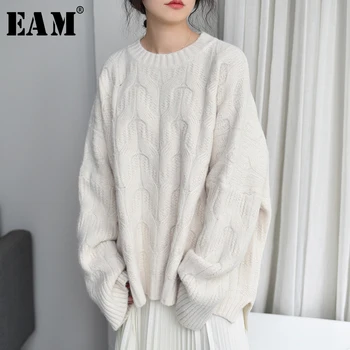 

[EAM] Big Size Irregular Knitting Sweater Loose Fit Round Neck Long Sleeve Women Pullovers New Fashion Autumn Winter 2020 1Y158