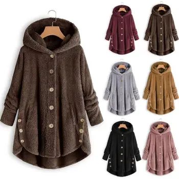 

Winter Women Solid Color Long Sleeve Button Coat Warm Fluffy Hooded Pullover 2019