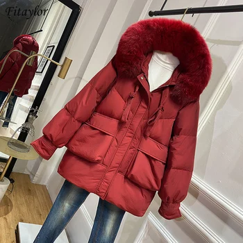 

Fitaylor 2020 New Winter Women Big Natural Fur Collar Warm Down Parkas 90% White Duck Down Coat Female Hooded Loose Snow Outwear