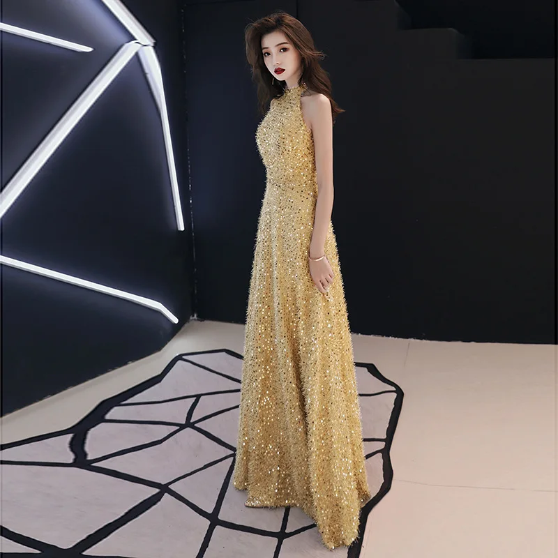 

New Gold Evening Dress Long 2019 New Halter Neck Women Elegant Sequin A-Line Evening Party Gown Dress Gwisg Nos