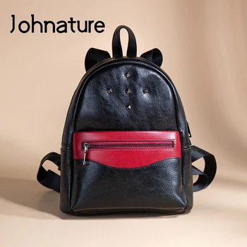 

Johnature 2020 New Retro Genuine Leather Bagpack Women College Bags Leisure First Layer Cowhide Backpack Solid Color Travel Bags