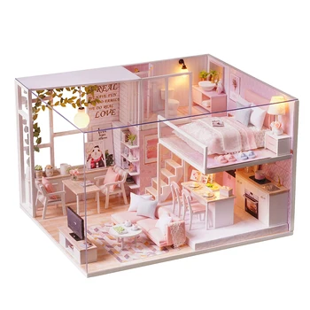 

Hot Miniature Dollhouse Wooden Furniture DIY 3D Pink Wooden House Toy Furniture LED Lights Christmas Children's Day Birthday Gif